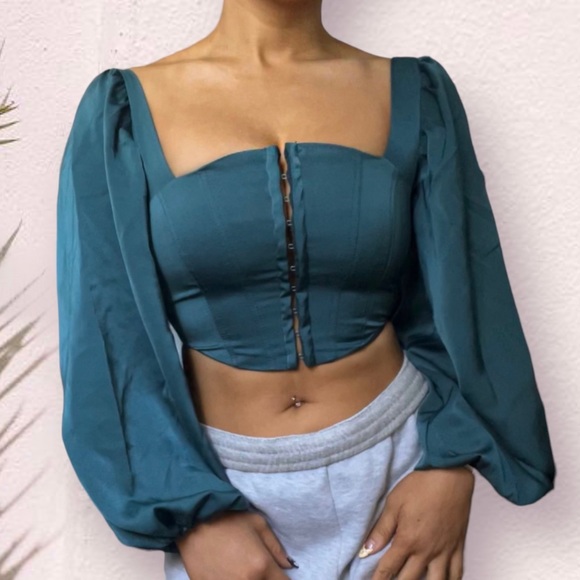 URBAN OUTFITTERS | TEAL CORSET TOP WITH BALLOON SLEEVES - Picture 1 of 6